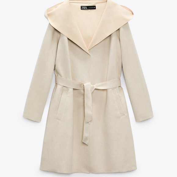 ZARA FAUX SUEDE HOODED LONG BELTED JACKET